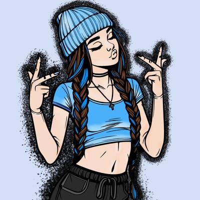 realistic teenage girl with braids and a beanie and crop top doing 🫶🏼