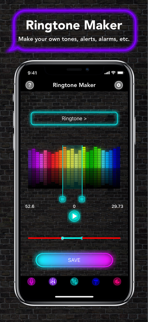 Ringtone Maker - Ringtones App - Uma tela de iPhone mostrando o aplicativo Ringtone Maker com um visualizador de forma de onda de áudio colorido e controles deslizantes de edição para criar toques personalizados.