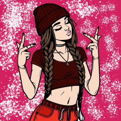 realistic teenage girl with braids and a beanie and crop top doing 🫶🏼