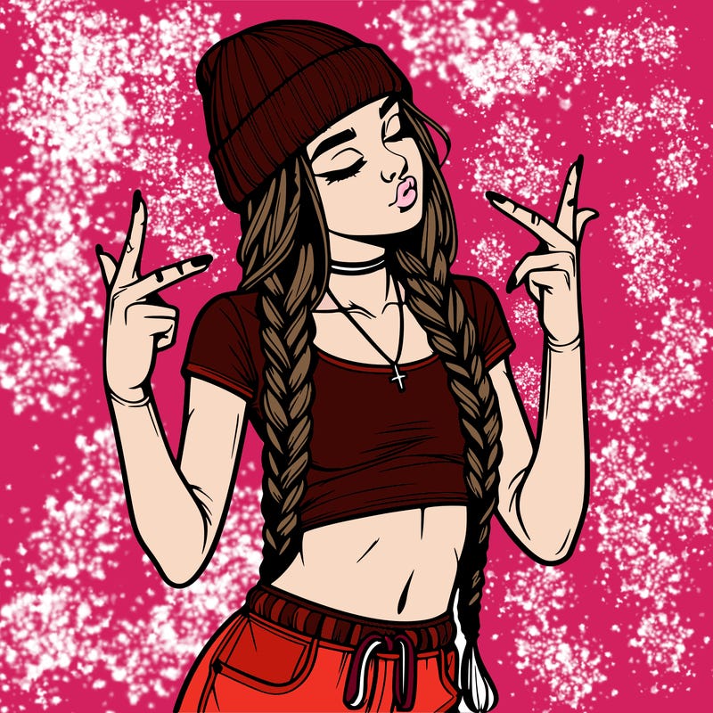 realistic teenage girl with braids and a beanie and crop top doing 🫶🏼