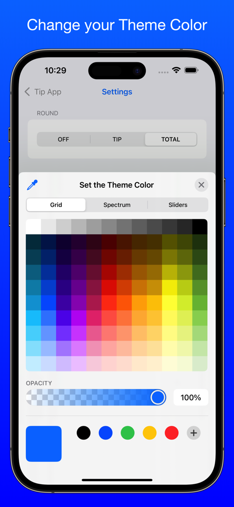 L'écran des paramètres de la Calculatrice de pourboires montrant un sélecteur de couleur pour la personnalisation du thème et les options de préférence d'arrondi sur un iPhone.