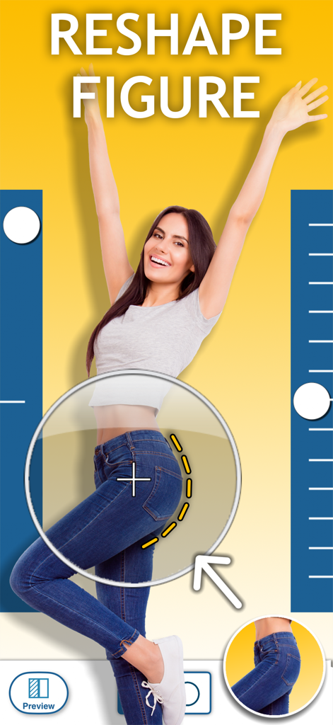 Body Editor Booth Thin & Slim - Interface of a mobile app showing the reshape figure feature for body editing