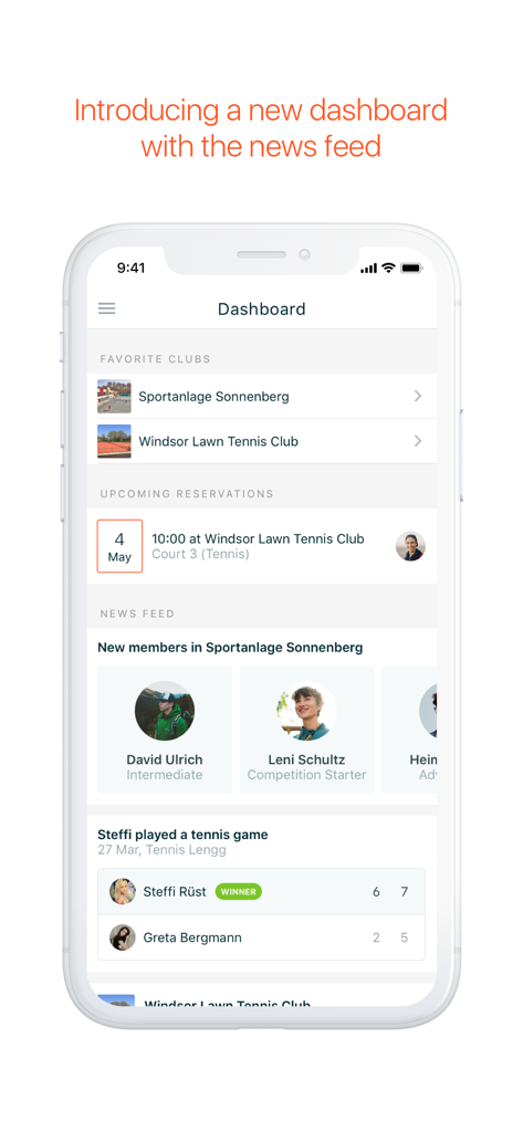 GotCourts app dashboard displaying favorite tennis clubs, upcoming court reservations, and a social news feed with match results