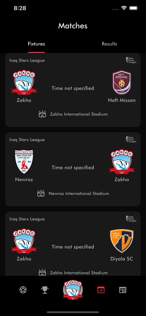 Zakho SC - Screenshot dell'app mobile Zakho SC che mostra un elenco delle prossime partite di calcio nella Iraq Stars League