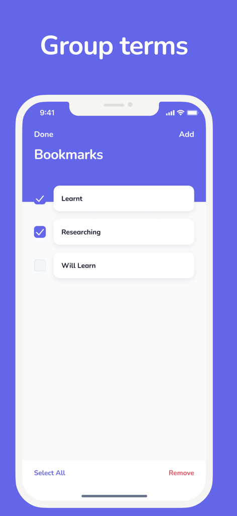 Psychology Dictionary - Interfaz mostrando términos de psicología marcados organizados en categorías como Aprendidos e Investigando.