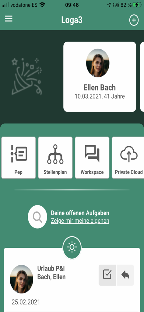 P and I Loga3 app interface showing employee profile and HR services