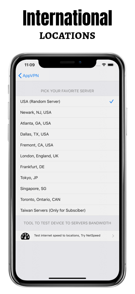 Écran d'iPhone montrant une liste d'emplacements de serveurs VPN internationaux dans l'application AppVPN, incluant les États-Unis, le Royaume-Uni et le Japon