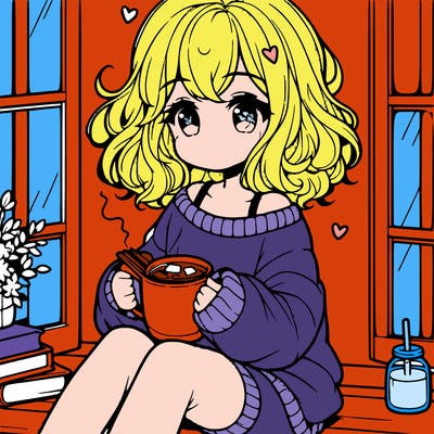 cute anime girl reading book and drinking hot chocolate from mug with loose wavy hair wearing a baggy sweatshirt and shorts sitting by windowsill looking out