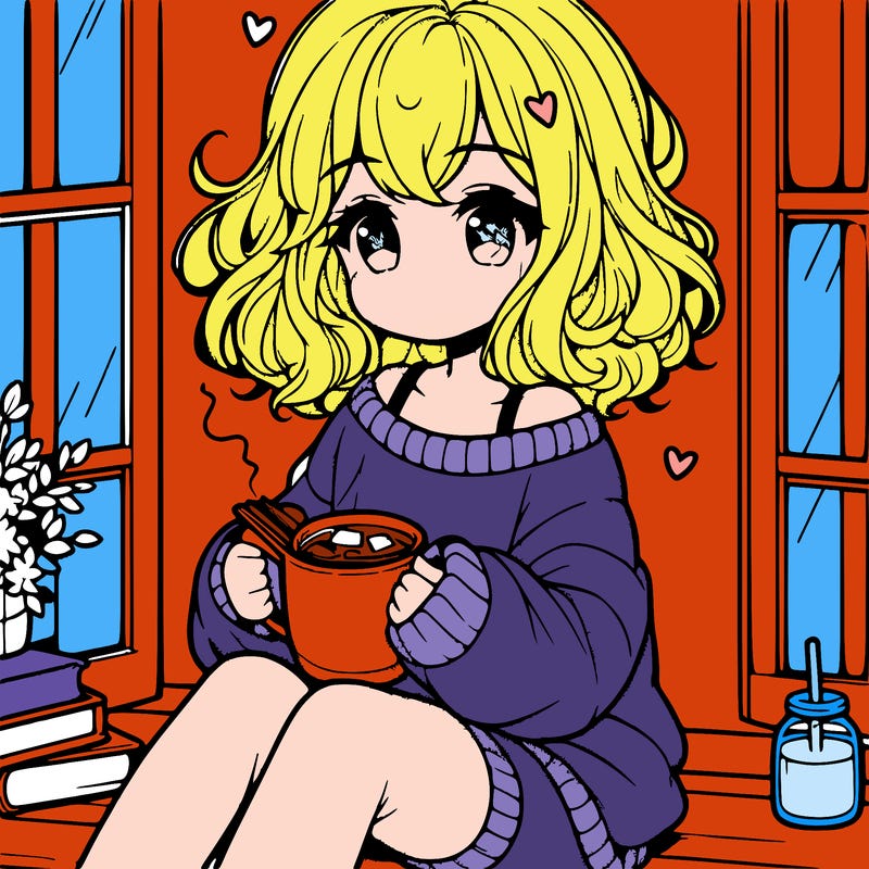 cute anime girl reading book and drinking hot chocolate from mug with loose wavy hair wearing a baggy sweatshirt and shorts sitting by windowsill looking out
