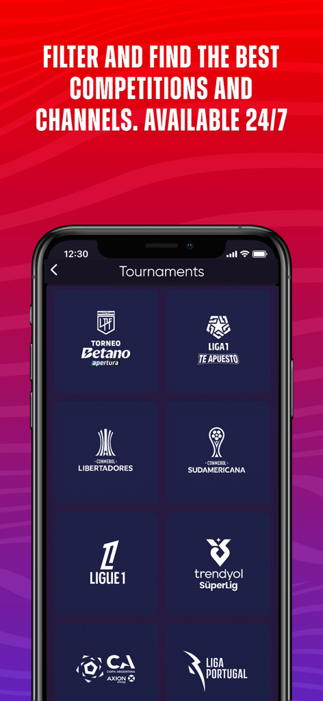 Fanatiz - Pantalla de la aplicación Fanatiz mostrando varios logotipos de torneos de fútbol, incluyendo Libertadores y Ligue 1