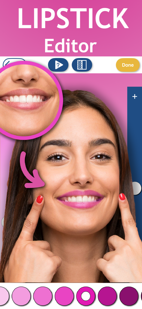 Una donna che cambia il colore delle labbra usando la funzione editor rossetto nell'app Perfect Face.