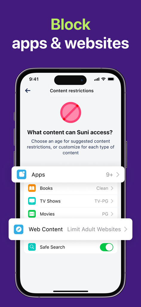 FamiGo app screen showing parental control settings to block apps and filter web content