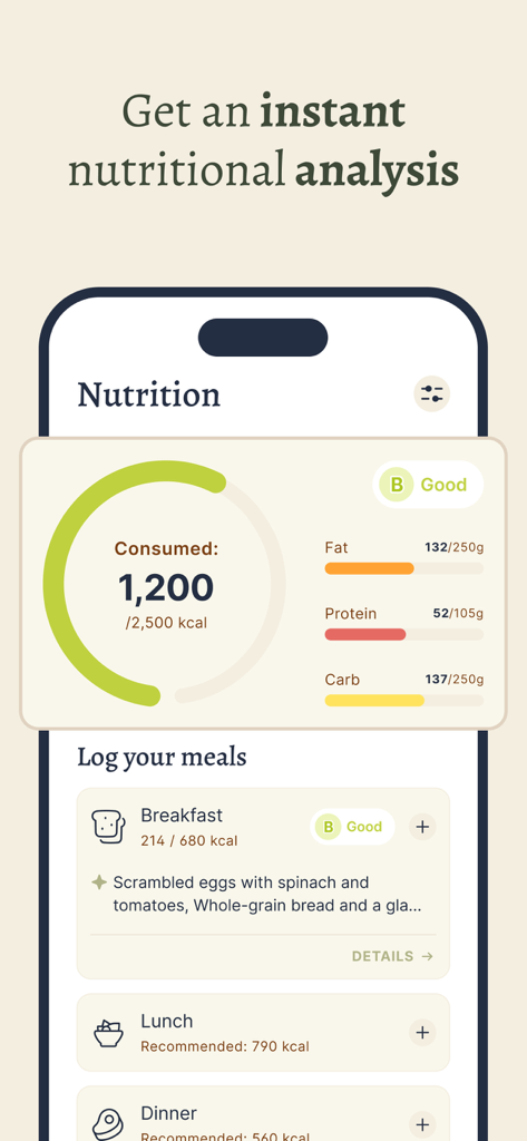 Una pantalla móvil de la aplicación Forme que muestra un panel de análisis nutricional con seguimiento de calorías y macros