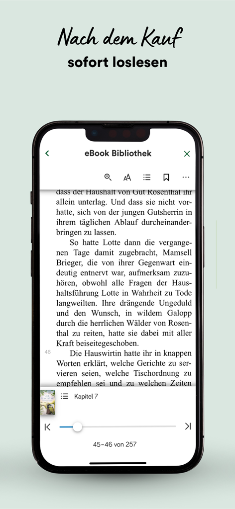 Thalia – Bücher entdecken - Screenshot of the Thalia mobile app ebook reader displaying a German novel with integrated reading controls