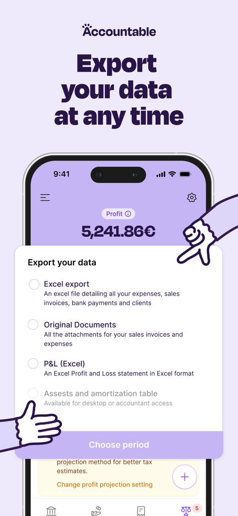 Interface of the Accountable app showing various data export options including Excel files and original document attachments.