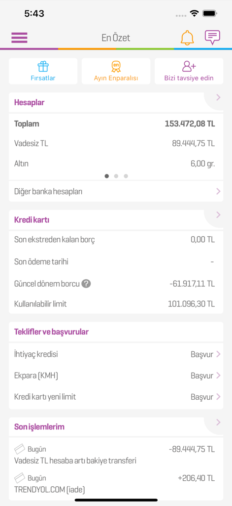 Enpara Bank Cep Şube - Interface of the Enpara Bank mobile app showing an account summary screen with balances and recent transactions