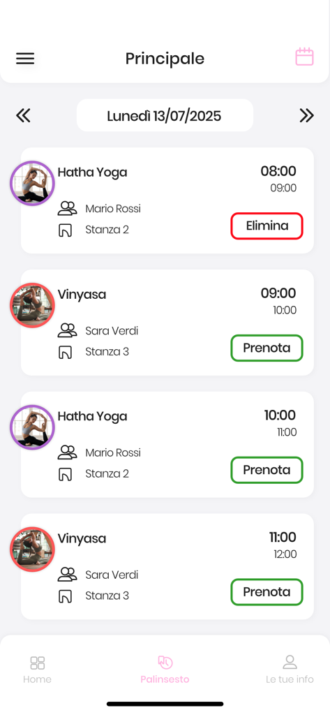 STUDIO 141 PILATES - Schermata del programma di prenotazione dell'app Studio 141 Pilates che mostra le opzioni di prenotazione per le lezioni di yoga