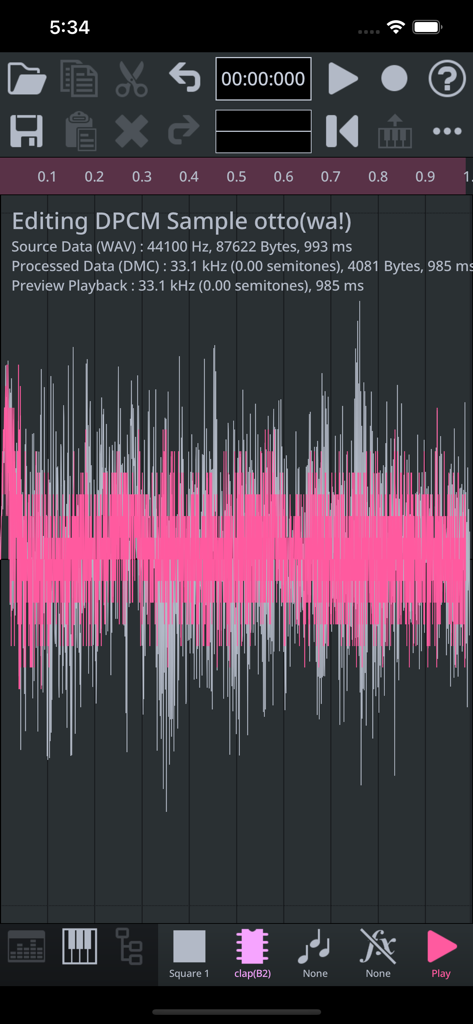 FamiStudio - Interface of FamiStudio showing the DPCM sample editor with a pink and grey audio waveform visualization