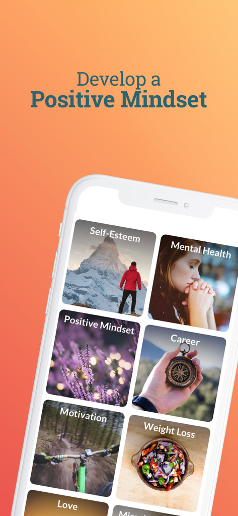 ThinkUp: Gift Premium - Pantalla de la aplicación ThinkUp que muestra categorías para mentalidad positiva, autoestima y salud mental