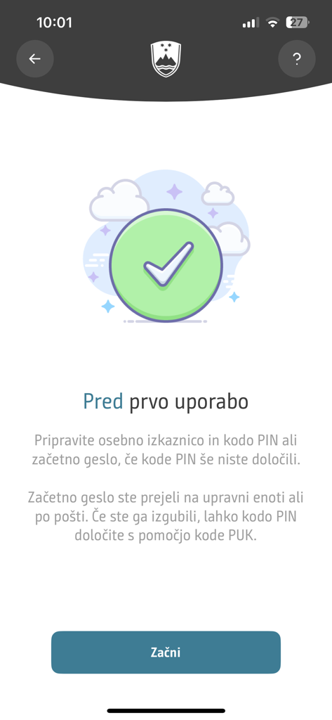 eOsebna - Onboarding screen of the eOsebna app featuring a green checkmark and setup instructions for the Slovenian digital ID.