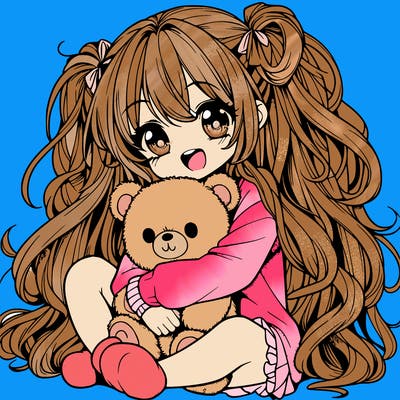 manga girl, long curly hair, happy, cuddling a teddy bear