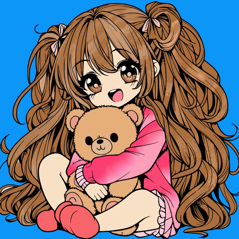 manga girl, long curly hair, happy, cuddling a teddy bear
