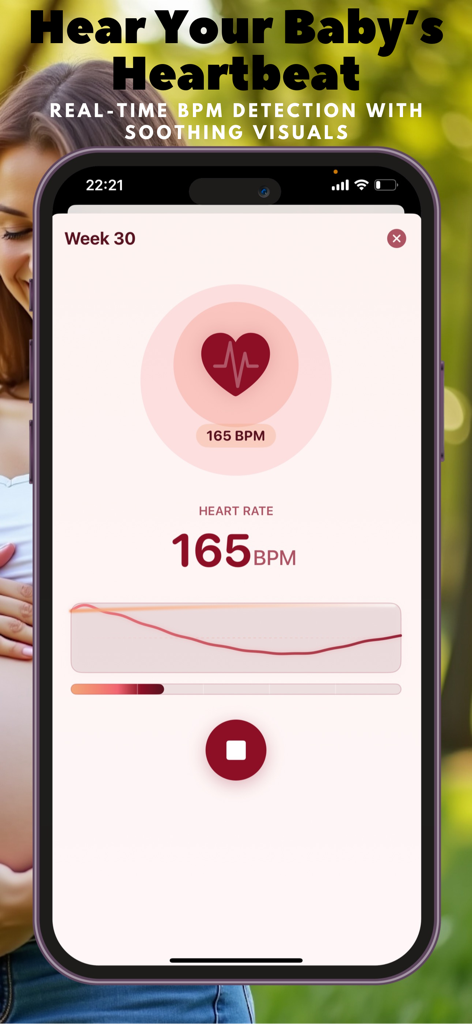 My Baby - Pregnancy Diary - Pantalla de monitorización de latidos del bebé en la aplicación Mi Bebé - Diario de Embarazo que muestra 165 BPM