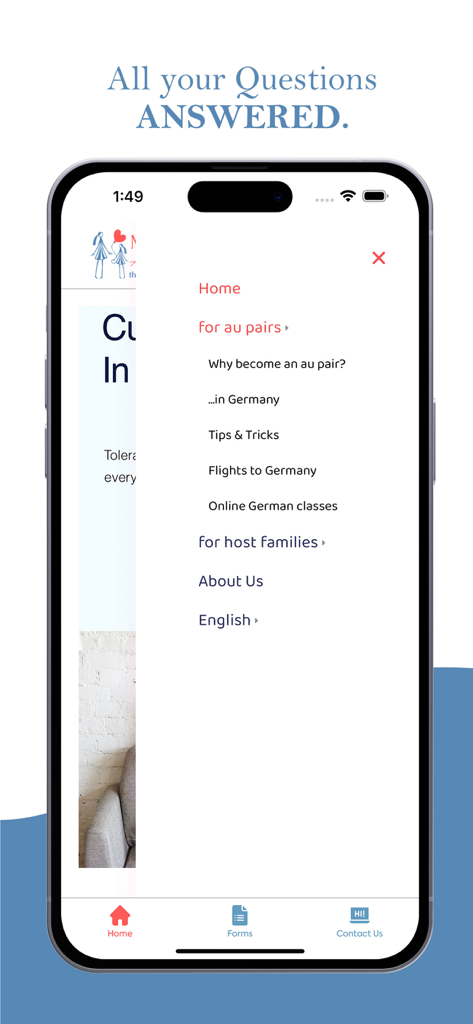 A mobile app menu for My Family Au Pair showing navigation options for prospective au pairs traveling to Germany