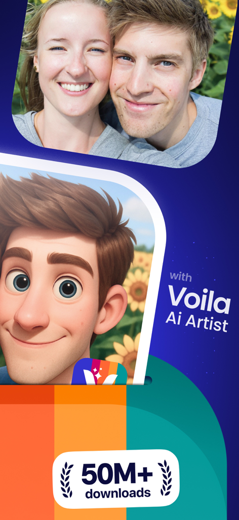 Comparação antes e depois mostrando uma foto real de um casal e uma versão em desenho animado 3D de um homem criada pelo Voilà AI Artist