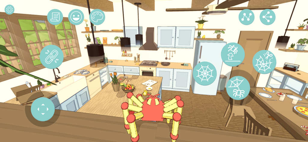 Un ragno giallo che esplora una cucina dettagliata nel gioco sandbox accogliente A Webbing Journey