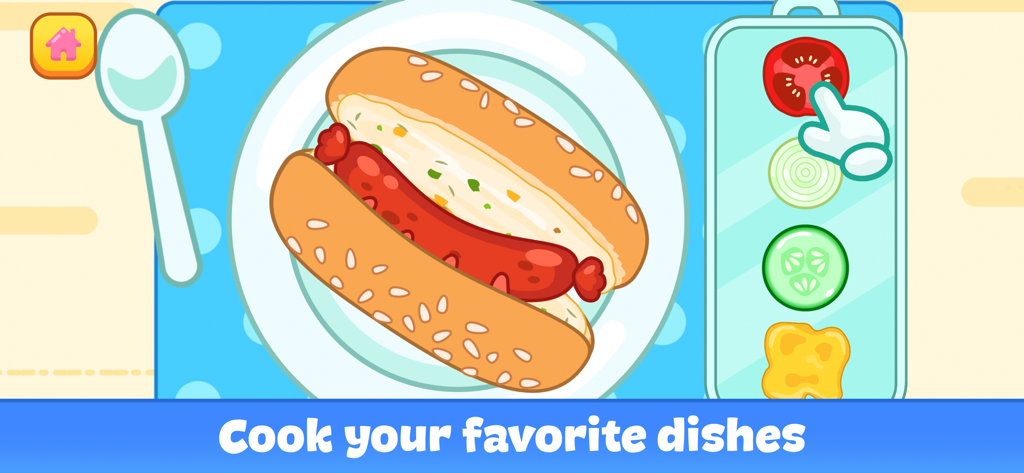 Kids Cooking Games: Yummy Food - A hot dog on a plate being decorated with vegetables in a kids cooking game