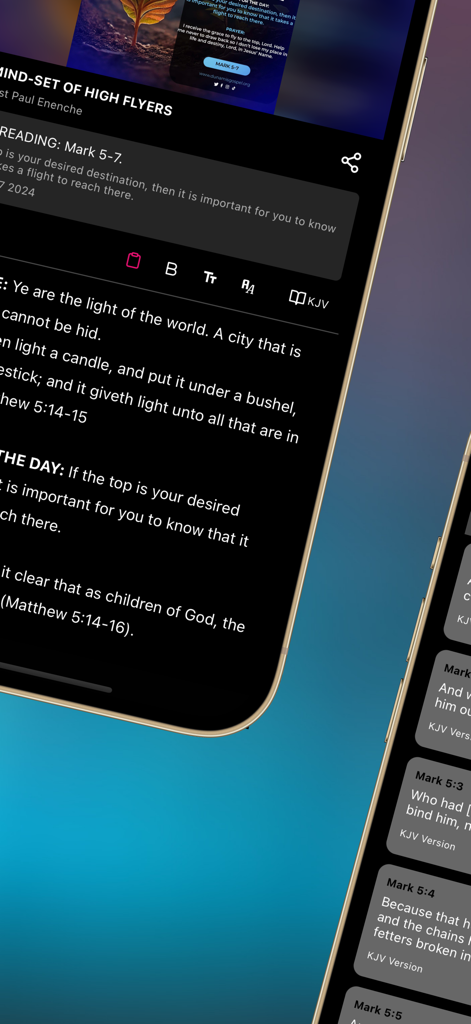 Seeds Of Destiny - Seeds of Destiny app interface showing daily devotional text and Bible verses