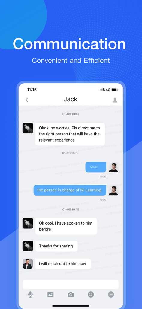 Captura de pantalla de una aplicación móvil de la interfaz de chat de LetsLink mostrando una conversación profesional de negocios entre colegas.