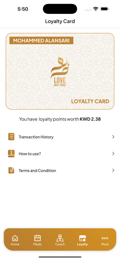 Pantalla de tarjeta de fidelidad de la app Love Diet Food mostrando puntos de usuario y opciones de recompensas