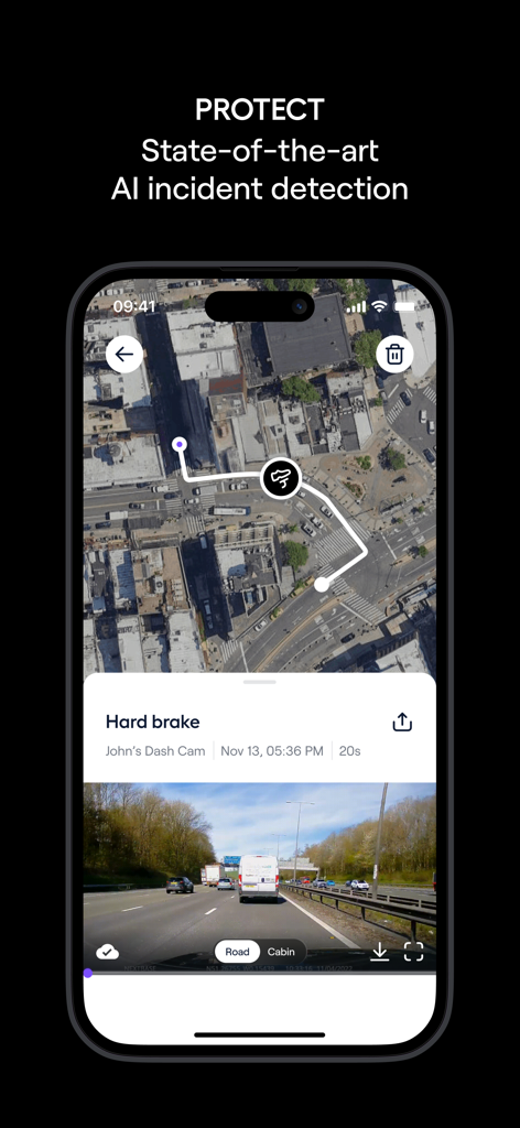 Nexar Connect - Nexar Connect app interface showing AI incident detection with a map and dash cam video