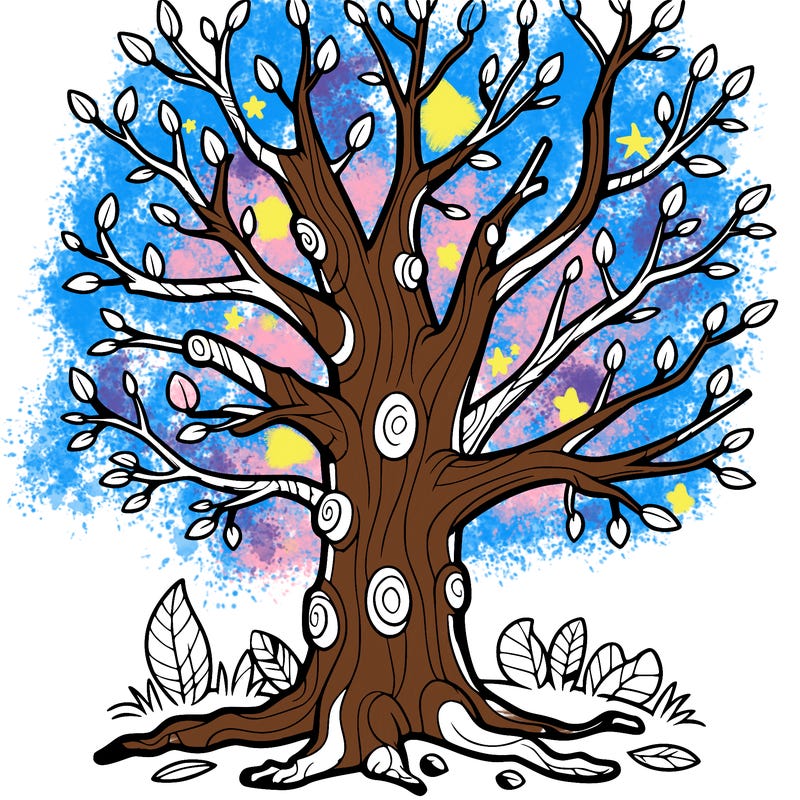 a tree trunk and branches with no leaves