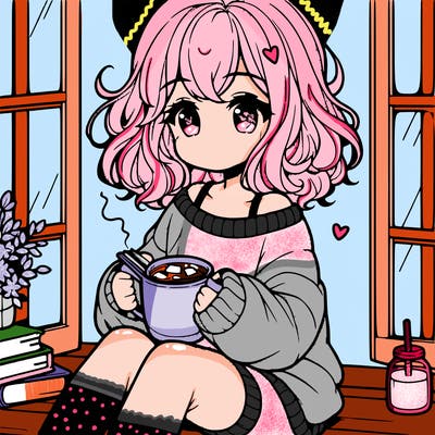 cute anime girl reading book and drinking hot chocolate from mug with loose wavy hair wearing a baggy sweatshirt and shorts sitting by windowsill looking out