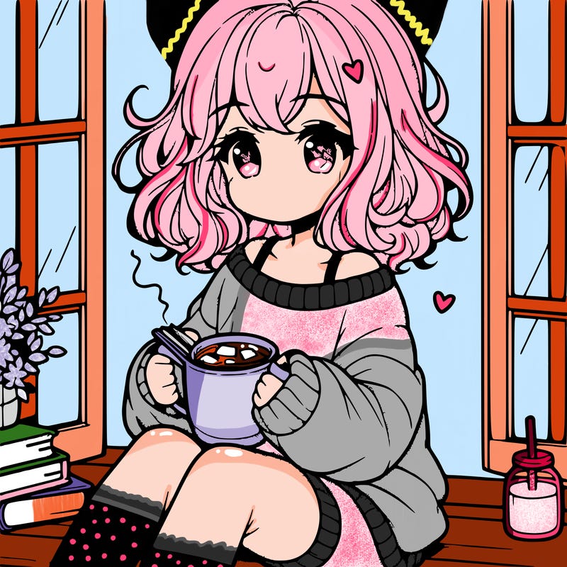 cute anime girl reading book and drinking hot chocolate from mug with loose wavy hair wearing a baggy sweatshirt and shorts sitting by windowsill looking out