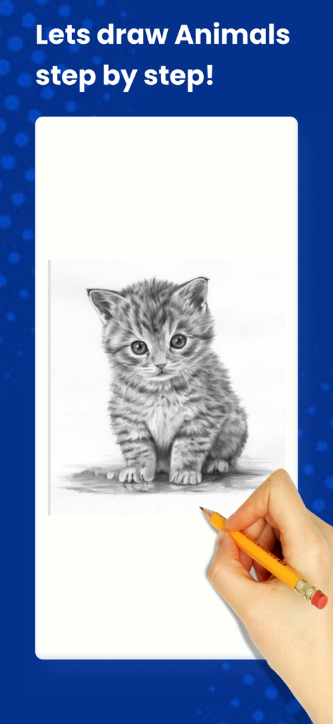 How to Draw Animals by Steps - Mano dibujando un gatito con un lápiz siguiendo una guía paso a paso en la aplicación