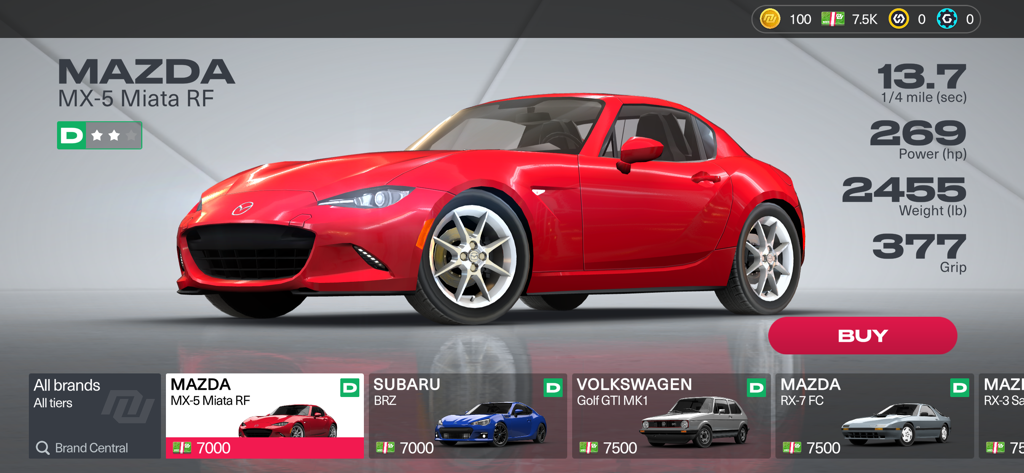 Nitro Nation World Tour - Nitro Nation World Tour car selection screen featuring a red Mazda MX-5 Miata RF with performance stats and a buy button