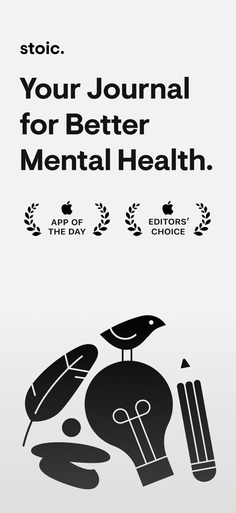 Écran d'introduction de l'application de journal stoic. présentant les prix Apple et des illustrations minimalistes pour la santé mentale