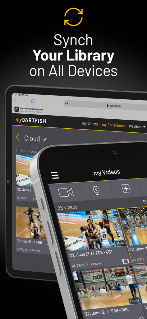 myDartfish Express: Coach App - La aplicación myDartfish Express mostrando la sincronización de la biblioteca de vídeos entre un smartphone y una tableta.