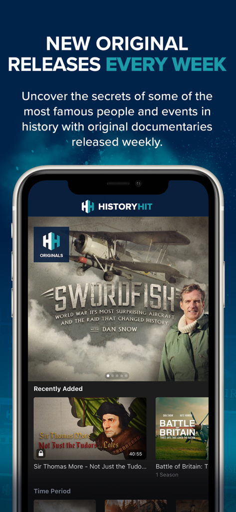 History Hit - Uma interface móvel do aplicativo History Hit apresentando documentários históricos originais e novos lançamentos semanais.