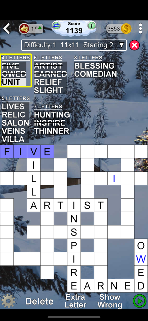 Word Games - Jugabilidad de puzle Word Fit con un fondo de bosque de invierno y cuadrícula de crucigrama