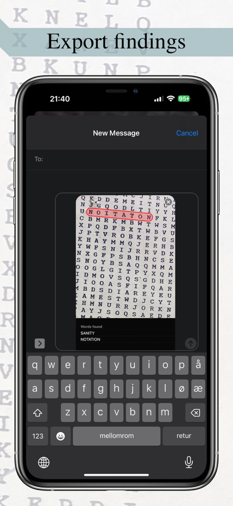Word Search Scanner and Solver - Interfaz que muestra el escaneo de un puzzle de sopa de letras siendo compartido en un nuevo mensaje.