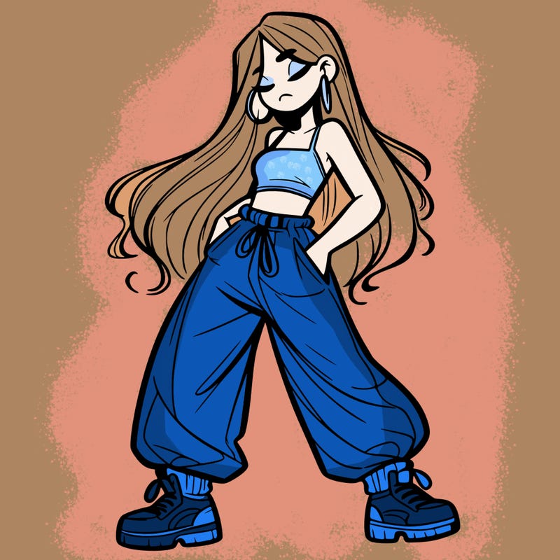 girl in baggy pants crop top and long hair