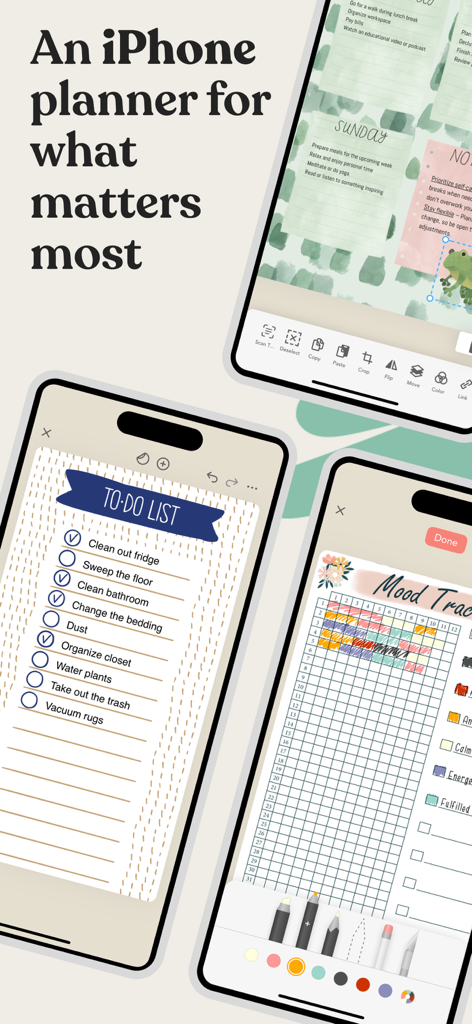 Three iPhones displaying Zinnia app features including a digital to-do list, mood tracker, and aesthetic planner page.
