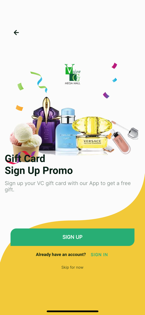 VCGC - Vision City Gift Card app signup promotion screen offering a free gift for new users
