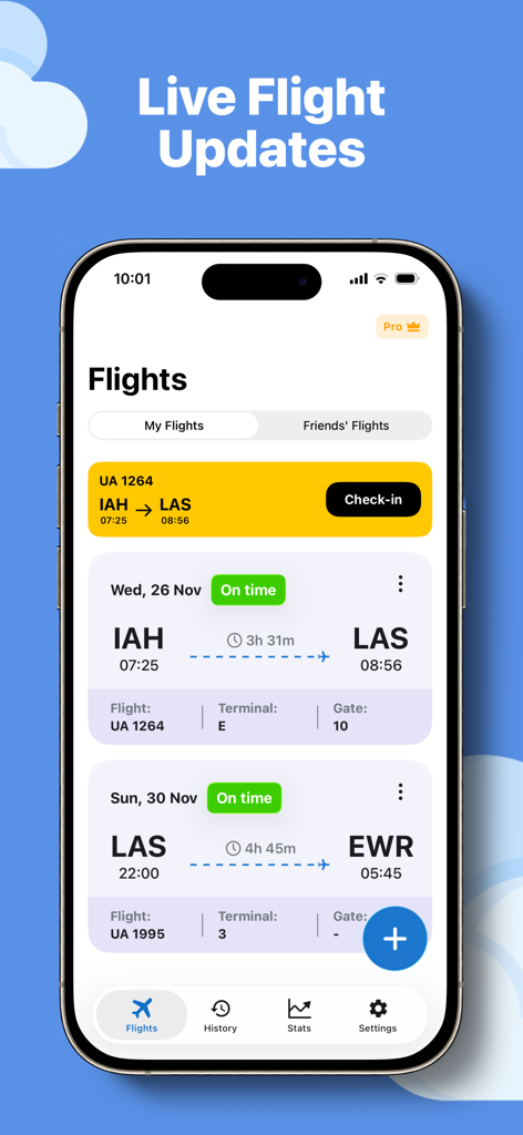 OnlyFlights - Flight Tracker - OnlyFlightsアプリのインターフェースに、予定されている旅行のリアルタイムフライトステータスとゲート情報が表示されています