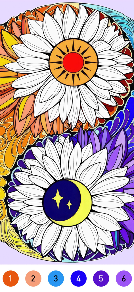 Mandala Coloring Book Game - A sun and moon flower mandala in a color by number app